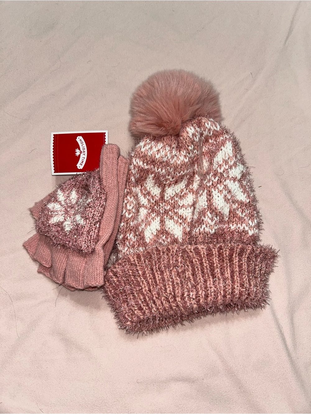 Cozy Pom-Pom Knit Beanie & Glove Set - Pink